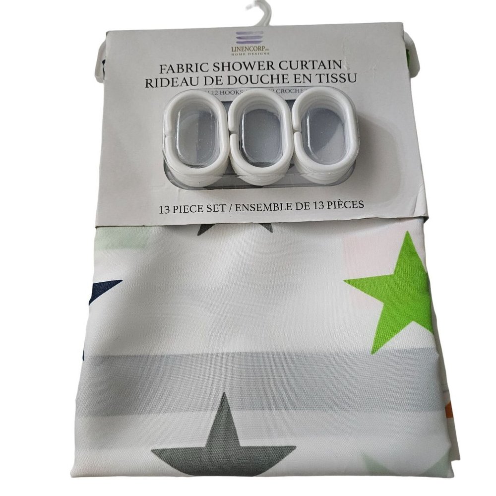 LINENCORP Inc Home Designs Polyester Fabric Shower Curtain with 12 Hooks in Mult